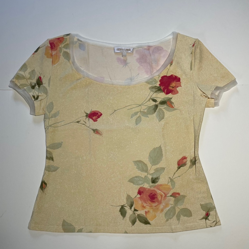 Roberto Cavalli Cream Floral Fitted Blouse (US 8)